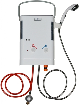 Eccotemp CE L5 buitengeiser met douche. Handig op de camping, voor het wassen van uw paard of hond, op de boot of waar u maar wilt. 10 KW en 5 Liter per minuut. Meest verkochte buitengeiser!