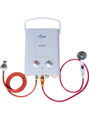 Draagbare buitengeiser met 12 KW, 6 liter per minuut incl. douche en gasset, 50 mbar, wit