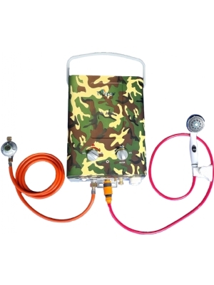 Draagbare buitengeiser met 12 KW, 6 liter per minuut incl. douche en gasset, 50 mbar, camo